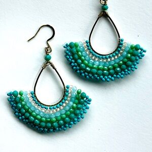 Boho turquoise, emerald green and brass beaded fan earrings.